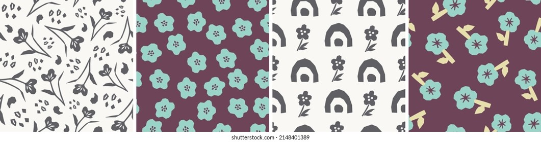 Collection of cute botanical seamless patterns. Spring summer abstract illustrations. Simple shape flowers. Vector set for fabric, textiles, wrapping