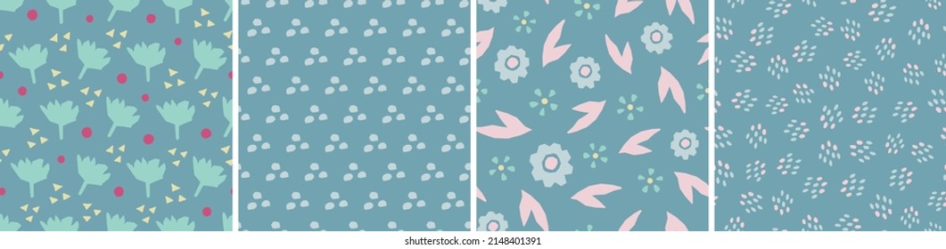 Collection of cute botanical seamless patterns. Spring summer abstract illustrations. Simple shape flowers. Vector set for fabric, textiles, wrapping