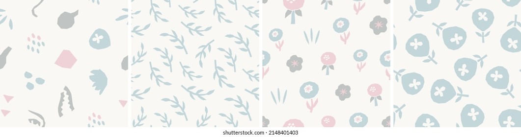 Collection of cute botanical seamless patterns. Spring summer abstract illustrations. Simple shape flowers. Vector set for fabric, textiles, wrapping