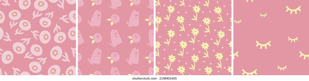 Collection of cute botanical seamless patterns. Spring summer abstract illustrations. Simple shape flowers. Vector set for fabric, textiles, wrapping