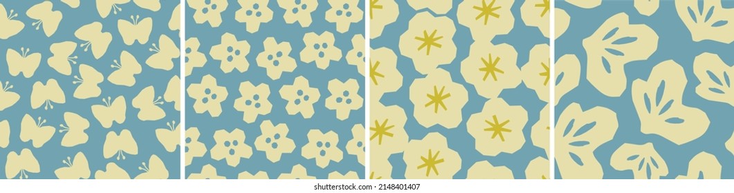 Collection of cute botanical seamless patterns. Spring summer abstract illustrations. Simple shape flowers. Vector set for fabric, textiles, wrapping