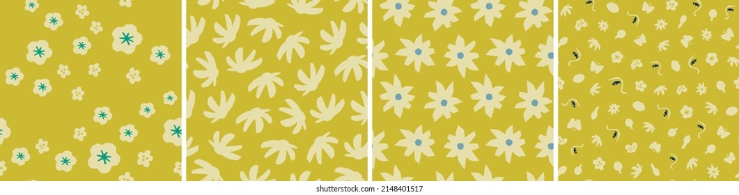 Collection of cute botanical seamless patterns. Spring summer abstract illustrations. Simple shape flowers. Vector set for fabric, textiles, wrapping