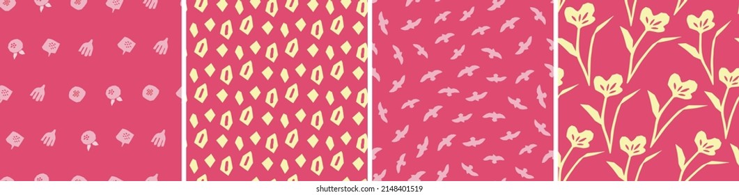 Collection of cute botanical seamless patterns. Spring summer abstract illustrations. Simple shape flowers. Vector set for fabric, textiles, wrapping