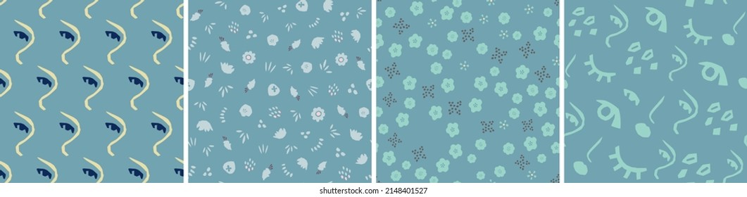 Colección de lindos patrones botánicos sin costura. Ilustraciones abstractas de verano de primavera. Flores de forma simple. Conjunto de vectores para tejidos, textiles, envoltura