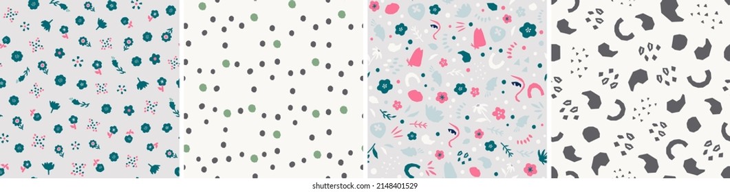 Collection of cute botanical seamless patterns. Spring summer abstract illustrations. Simple shape flowers. Vector set for fabric, textiles, wrapping