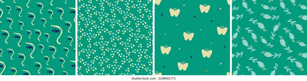 Collection of cute botanical seamless patterns. Spring summer abstract illustrations. Simple shape flowers. Vector set for fabric, textiles, wrapping
