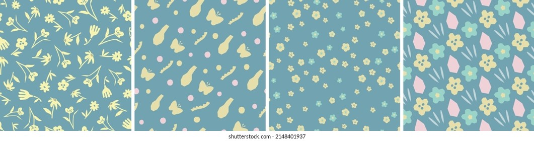 Collection of cute botanical seamless patterns. Spring summer abstract illustrations. Simple shape flowers. Vector set for fabric, textiles, wrapping