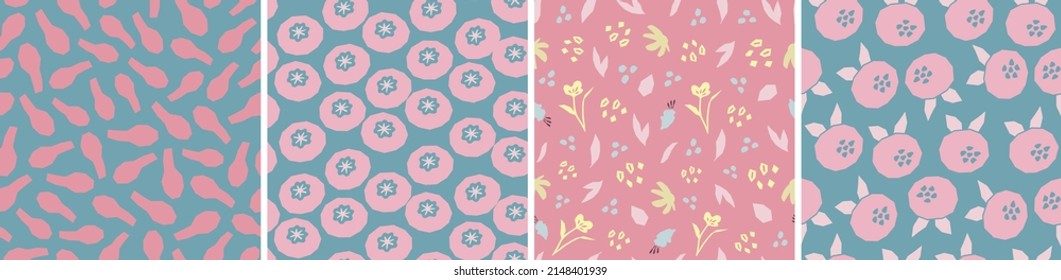 Collection of cute botanical seamless patterns. Spring summer abstract illustrations. Simple shape flowers. Vector set for fabric, textiles, wrapping