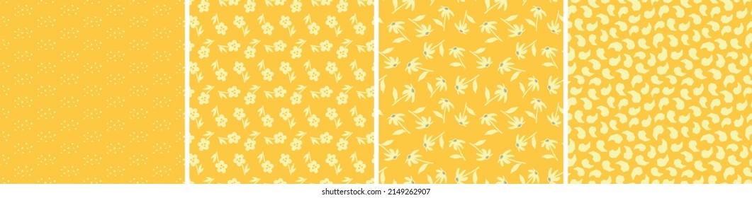 Collection of cute botanical seamless patterns. Spring summer abstract illustrations. Simple shape flowers. Vector set for fabric, textiles, wrapping