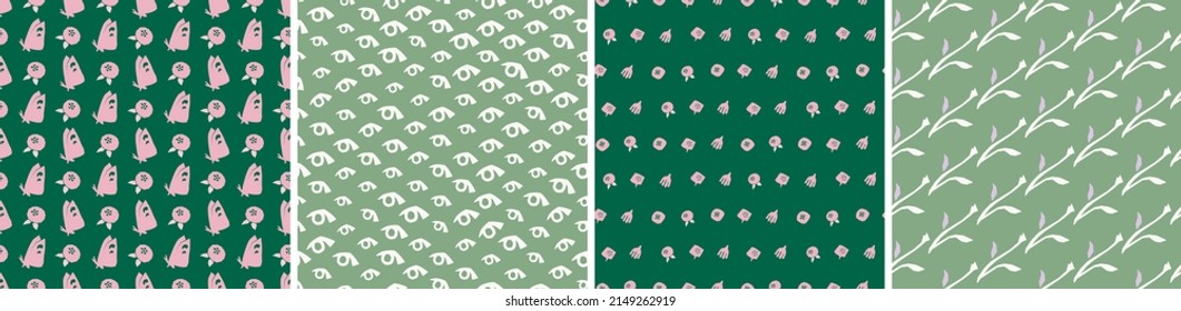 Collection of cute botanical seamless patterns. Spring summer abstract illustrations. Simple shape flowers. Vector set for fabric, textiles, wrapping