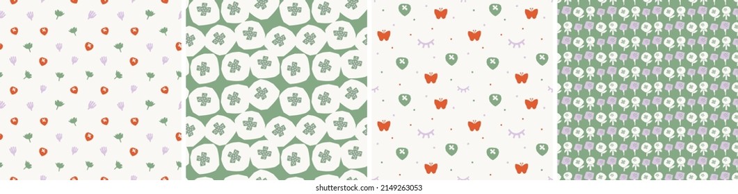 Collection of cute botanical seamless patterns. Spring summer abstract illustrations. Simple shape flowers. Vector set for fabric, textiles, wrapping