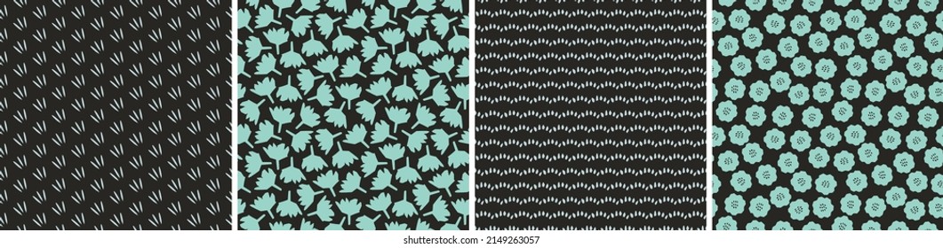Collection of cute botanical seamless patterns. Spring summer abstract illustrations. Simple shape flowers. Vector set for fabric, textiles, wrapping