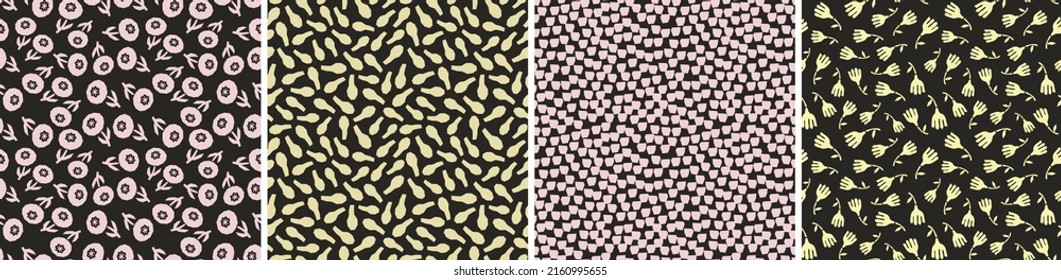 Collection of cute botanical seamless patterns. Spring summer abstract illustrations. Simple shape flowers. Vector set for fabric, textiles, wrapping