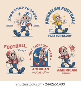 Collection of Cute Boy American Football Player Sport Retro Mascot Character Cartoon Design Illustration Set	
