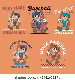 Collection of Cute Boy Baseball Bat Player Sport Retro Mascot Character Cartoon Design Illustration Set	
