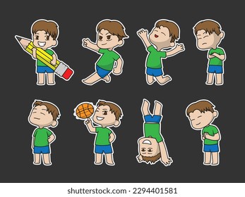 collection of cute boy character sticker sets. vector illustration