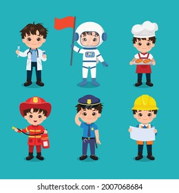 Collection Of Cute Boy In Different Profession. Labor Day Clip Art. Flat Vector Cartoon Design