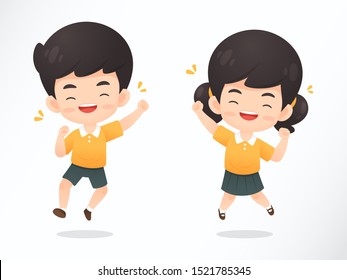 collection of cute boy and girl student character in happy jump pose, Kawaii kid vector cartoon for illustration
