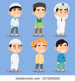 Collection of cute boy or man in various muslim costume in cartoon character, vector illustraion