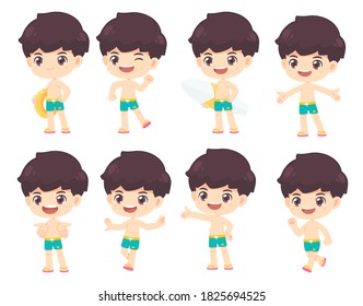 Collection of cute boy in summer concept, Kawaii mascot cartoon character vector illustration