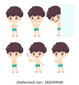 Collection of cute boy in summer concept, Kawaii mascot cartoon character vector illustration