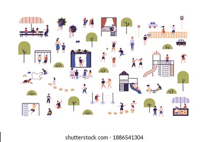 Collection of cute boys and girls enjoying outdoor activities vector flat illustration. Set of children playing games, having fun at playground, walking, spending time together isolated on white