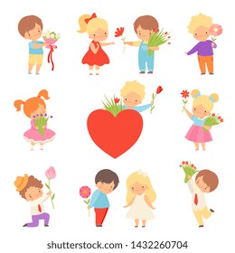 Collection of Cute Boys Giving Flowers to Adorable Little Girls Cartoon Vector Illustration