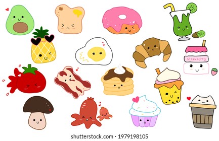 Collection of cute breakfast cartoon vector on white background
