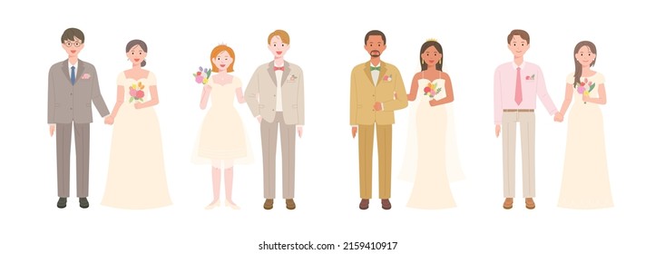 Collection of cute bride and groom characters in wedding dresses. flat design style vector illustration.