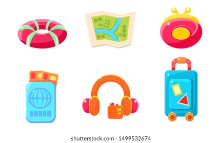 Collection of Cute Bright Glossy Summer Symbols, Summer Holidays Signs Vector Illustration