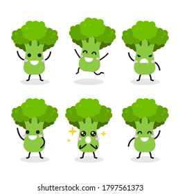 Colección de un bonito personaje de brócoli en varias poses aisladas sobre fondo blanco. Caricatura divertida de verduras. Ilustración de diseño gráfico vectorial plano para infografía, libro infantil y concepto agrícola.
