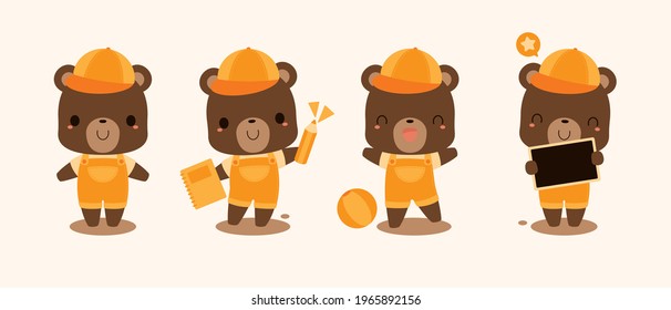 Collection of cute brown bear student cartoon characters wearing orange overalls and cap . Back to school concept. Flat vector illustration.