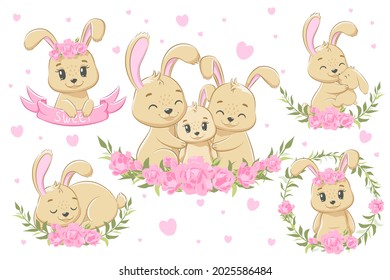 A collection of cute bunny family for girls. Vector illustration of a cartoon.