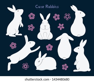 Collection of cute bunny rabbits, with flowers. Isolated objects. Hand drawn vector illustration. Flat style. Design concept for mid autumn festival, Easter, farm animals print.