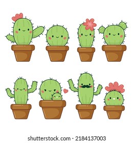 Collection of cute cactus plant with happy face. Kawaii cartoon characters. Doodle houseplants in flower pots. Vector illustration isolated on white background.