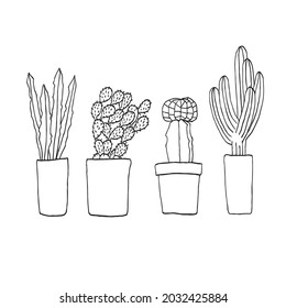 Collection of cute cactus plant in the pot on white background. Hand drawn vector illustration in doodle art style