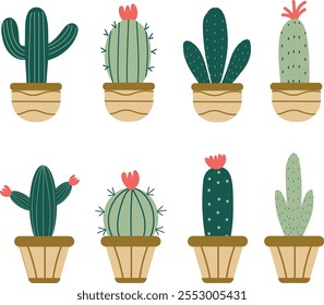 Colección de conjunto de cactus lindo, Ilustración vectorial de planta de cactus salvaje, plantas suculentas de postre verde.