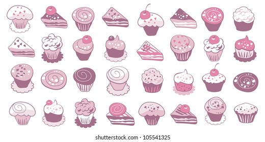 Collection of cute cakes and pastry icons