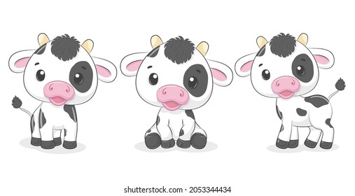 Collection of cute calves, cows'. Vector illustration of a cartoon.