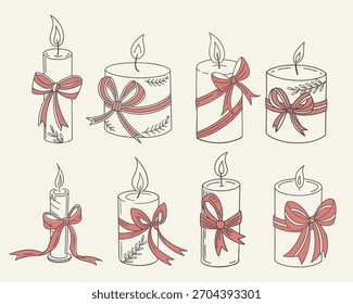 Collection of cute candles with festive red bows. Decorative elements for Christmas and other holidays.