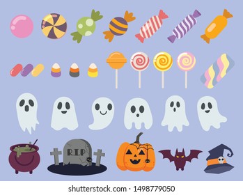 The collection of cute candy and ghost design for halloween party in flat vector style. Graphic resource about halloonween for graphic,content , banner, sticker and greeting card.