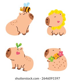 Uma coleção de imagens capivara bonito. capivara, flor, abelha. Ilustração vetorial em estilo plano.