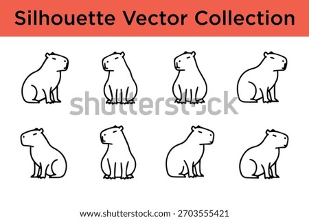 Collection of cute capybara silhouettes in various poses, simple line art vector illustration.