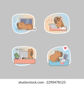 Collection of cute capybares with laptop. Kawaii set of funny animal characters design in cartoon style. Capy stickers. Vector illustration.