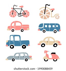 Collection of cute car motorcycle and bicycle isolated on white background. Vector illustration.