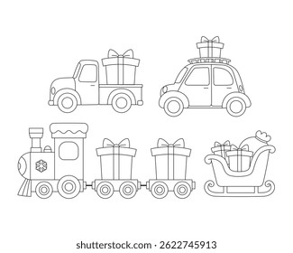collection of cute car truck christmas present oueline, hand drawn vehicle with christmas gift cartoon for coloring, train line art truck with christmas present, xmas sleigh with gift and sack vector