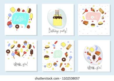 Collection of cute cards. Hand drawn lettering on white background.Wedding, save the date, baby shower, birthday. Vector set