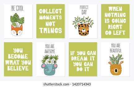 Collection of cute cards with house plants in funny animal pots. Poster with adorable objects on background. Valentine's day, anniversary, save the date, baby shower, bridal, birthday, decoration