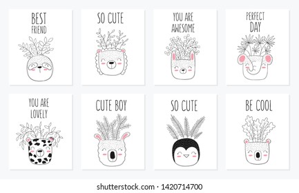 Collection of cute cards with house plants in funny animal pots. Poster with adorable objects on background. Valentine's day, anniversary, save the date, baby shower, bridal, birthday, decoration