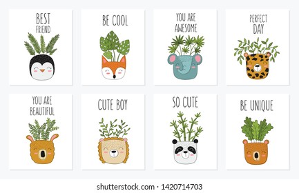 Collection of cute cards with house plants in funny animal pots. Poster with adorable objects on background. Valentine's day, anniversary, save the date, baby shower, bridal, birthday, decoration